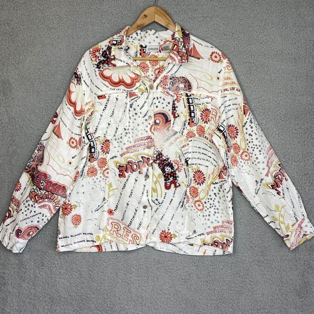 Chicos Womens Sz L Boho Artsy Coastal Beach Ivory Abstract Pattern Linen Shirt